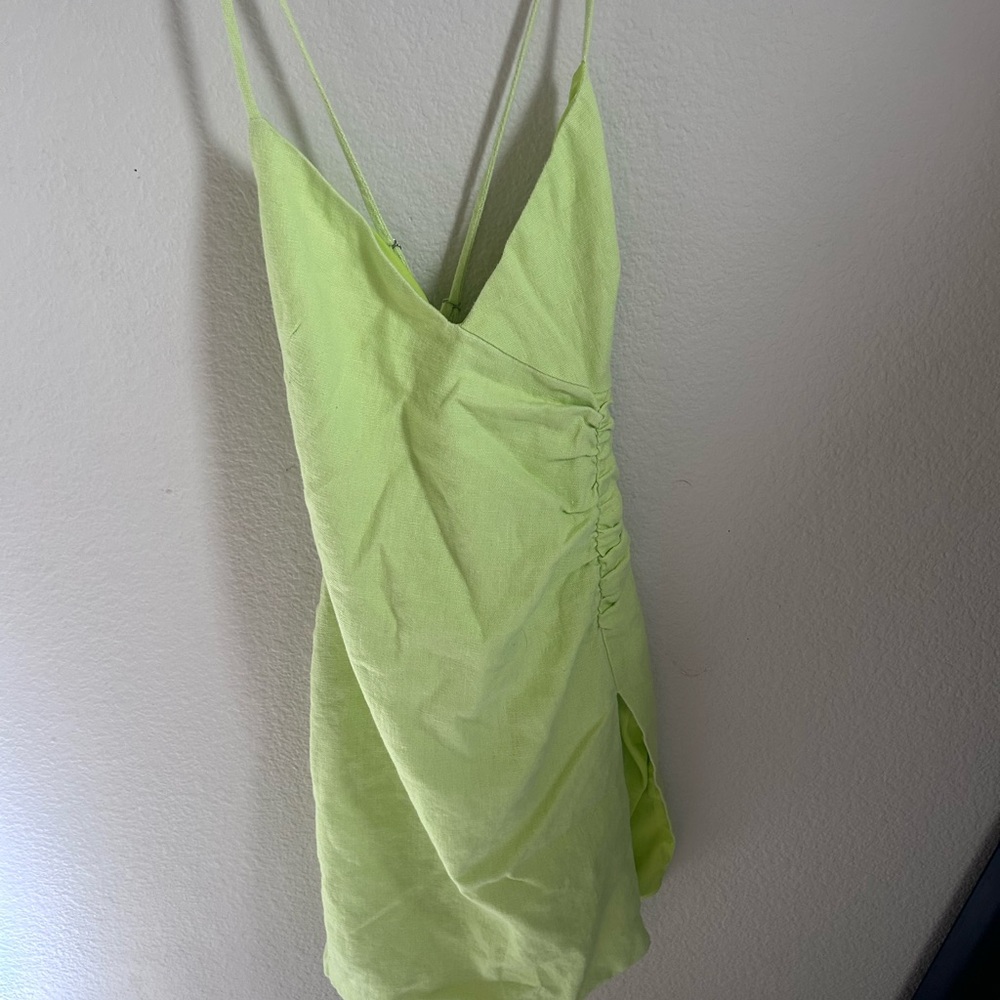 Green Satin Chemise with Spaghetti Straps and V-Neckline